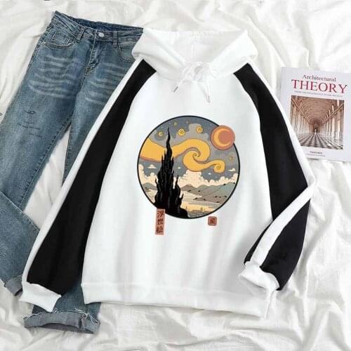 2021 New Autumn Winter Ukiyo-e Style Starry Night Vintage Women Sweetshirts Long Sleeve Top Fleece Thick WarmSpell Color Hoodies