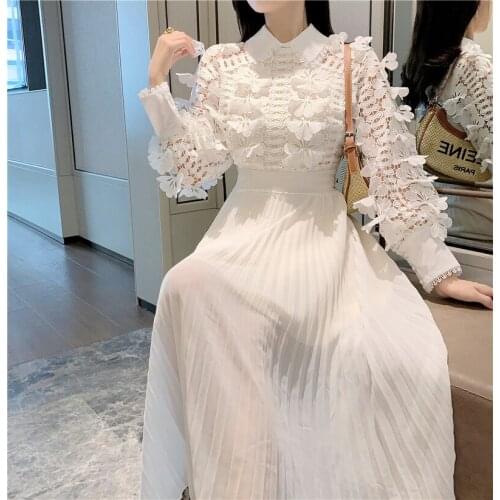Luxury Autumn Women Pleated Dress Runway Designer White Lace Embroidery 3D Flower Hollow Out Patchwork Chiffon Party Midi Dress