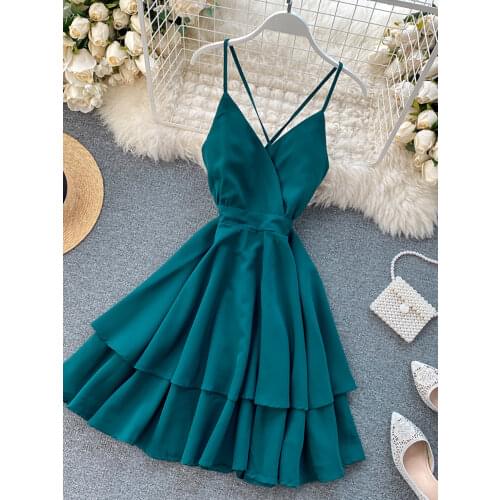2020 Summer Vacation Womens Beach Dress Sexy V-neck Sleeveless Ruffle A-line White/Red/Green Dress For Female Vestidos Verano