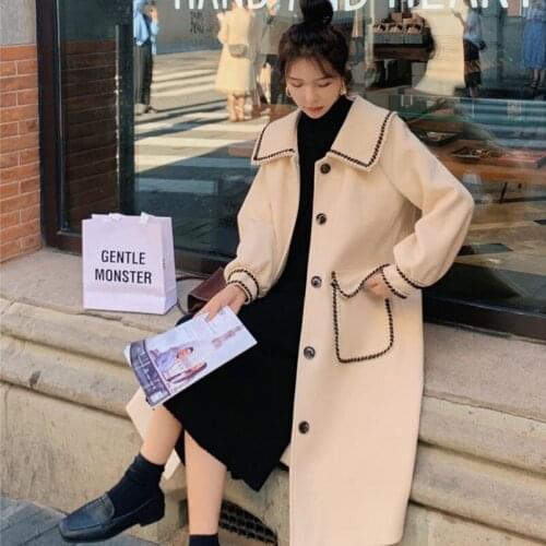 Wool Blends Women Coat Button Patchwork Pocket Slim Fashion Chic Female Autumn and Winter Coats Puff Sleeve Woolen Coat