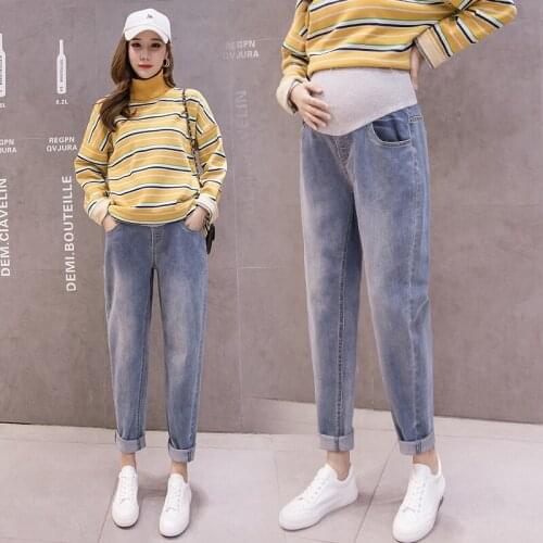 18093# Maternity Ninth Harem pants Spring Autumn Maternity Jeans Belly Support Pants Elastic Waist Maternity Trousers