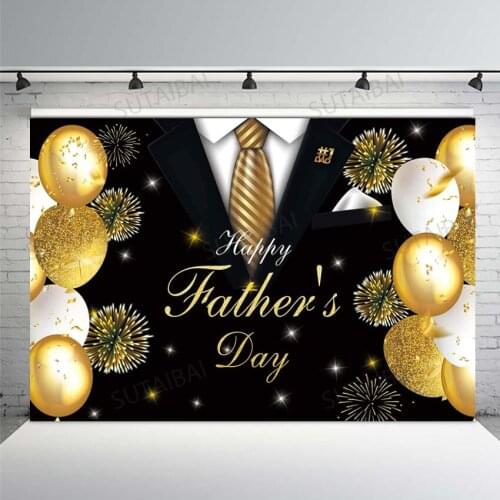 7x5ft Happy Fathers Day Backdrop Black Suit Gold Balloon Firework Photography Background Father Dad Festival Party Decor Banner