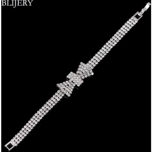 BLIJERY Silver Color Rhinestone Crystal Bracelets For Women Charm Bowtie Link Bridal Bracelets & Bangles Femme Wedding Jewelry