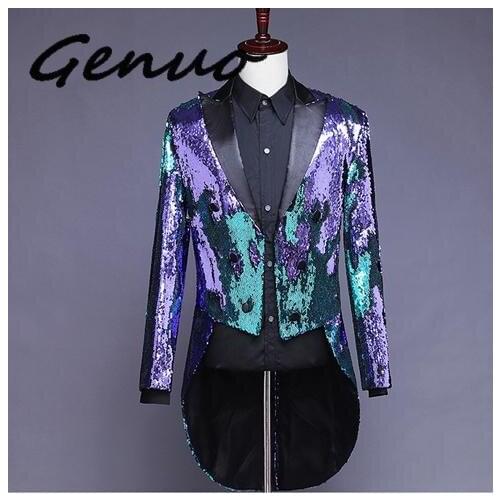 Purple Blue Changing Colors Sequin Long Blazer Jacket Men Nightclub DJ Prom Tailcoat Blazer Male Wedding Groom Stage Costumes