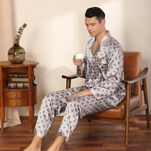FZSLCYIYI Spring Summer Men Printed Long Sleeve Pants Pajamas Set Homewear Silk Nightwear Suit Casual Top Pyjamas Male Sleepwear