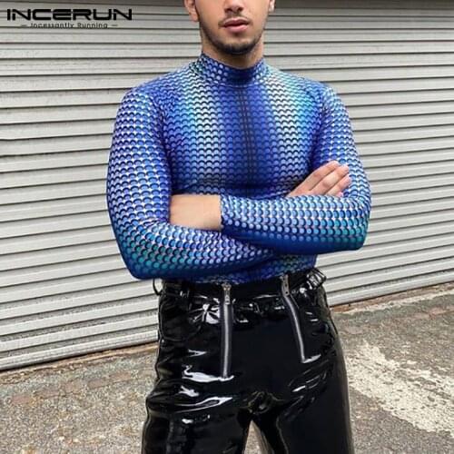 INCERUN Men Long Sleeve Tights Print Blue Stylish Tops 2021 Male Casual Streetwear Fish Scale Pattern Long-sleeved T-shirt S-5XL
