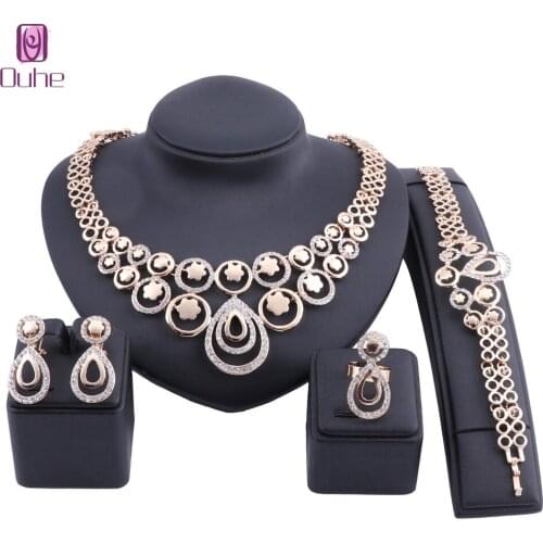 Women African Jewelry Sets Gold Color Crystal Fashion Bridal Wedding Elegant Romantic Necklace Earring Ring Bangle Jewelry Sets