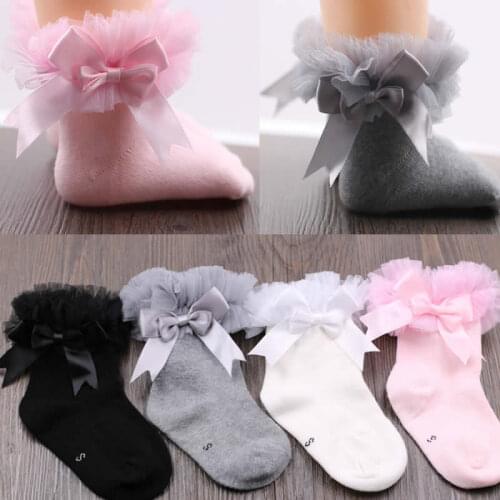 Girls lace Princess short socks cotton big lace bowknet princess newborn baby knee high socks toddler lace cotton legwarm