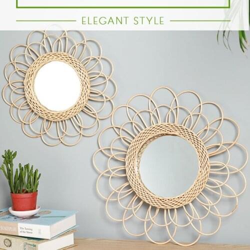 Handmade rattan round makeup mirror innovative art decoration dressing table bathroom wall mirror Nordic crafts wall decoration