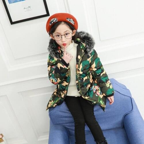 Girls Cotton-Padded Jacket Childrens Down Coats Print Butterfly Camouflage Thicken Warm Long Jacket for Teenages 3-12 Years Old