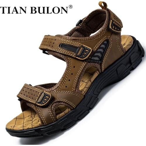 Summer Genuine Leather Men Sandals Non-slip Outdoor Mens Casual Shoes Fashion Men Leather Slippers Beach Shoes Plus Size 39-46