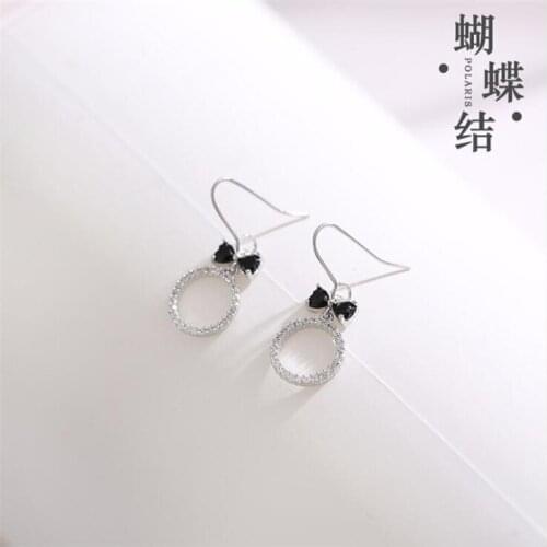 New Temperament Exquisite Bow 925 Sterling Silver Jewelry Ear Hook Circle Crystal Personality Dangle Earrings SE21