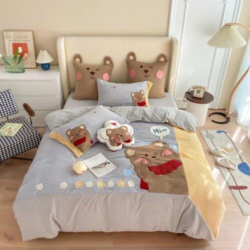 New Super Warm Short Plush Cartoon Brown Bear Embroidery Child 4/7Pcs Bedding Set Soft Velvet Duvet Cover Bed Sheet Pillowcases