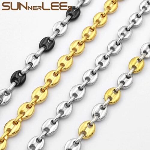 SUNNERLEES 316L Stainless Steel Necklace 5~11mm Coffee Beans Link Chain Gold Black Silver Color Men Women Jewelry Gift SC13