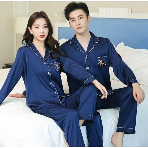 Luxury Star Moon Printed Pajama Suit Satin Silk Pajamas Sets Couple Sleepwear Family Pijama Men & Women Casual Home Clothing