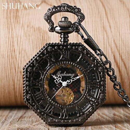 SHUHANG Archaize Black Fashion Skeleton Steampunk Pocket Watch Mechanical Hand Wind Roman Numerals Dial Clock Relogio De Bolso