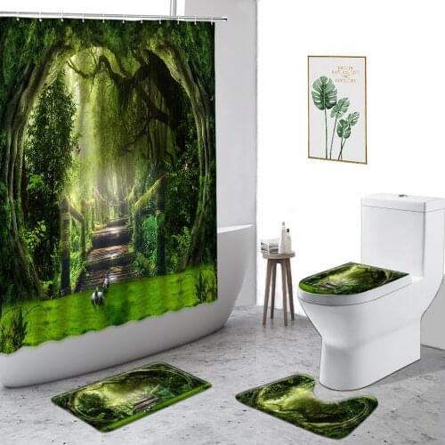 3D Tropical Rain Forest Landscape Shower Curtains Green Jungle Bathroom 4-Piece Set Non-Slip Carpet Toilet Cover Bath Curtain
