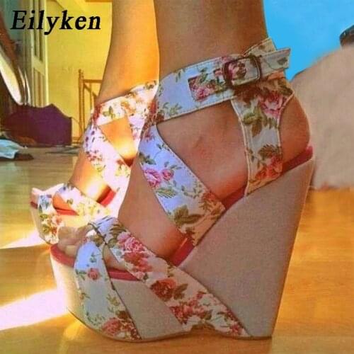 Eilyken Summer Fashion Peep Toe Solid High Platform Women shoes Silk Print Flower Fabric high heels Wedges Sandals