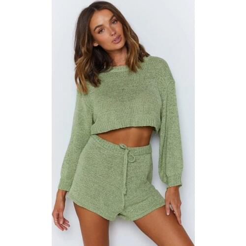 URIFENS Sweater Suit 2021 Spring New O Neck Crop Top Short Knitwear Women Lantern Sleeve Casual Sexy Beach Sweater Set LYT30U