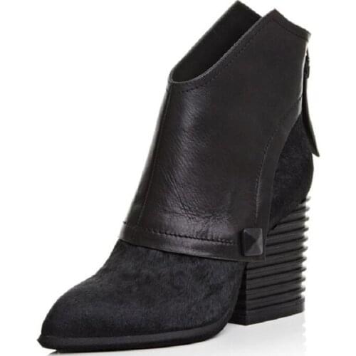 Women Spring Autumn Winter Thick High Heel Genuine Leather Horse Hair Pointed Toe Back Zipper Fashion Ankle Boots Plus Size 41