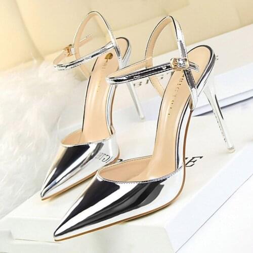 Women Patent Leather Pointed Toe High Heel Ankle Strap Pump Fashion Sexy Evening Dress Shoes For Ladies