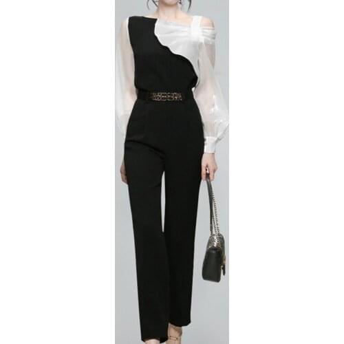 2021 Spring Fall Korean Contrasting Color Full Sleeve Slash Neck Blouse + Black High Waist Casual Long Pants Two-Piece Suit