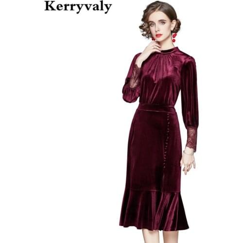Foreign Style French Retro Fishtail Velvet Dress Women New Spring 2021 Long Sleeve Wine Red Gothic Midi Party Dress K3971