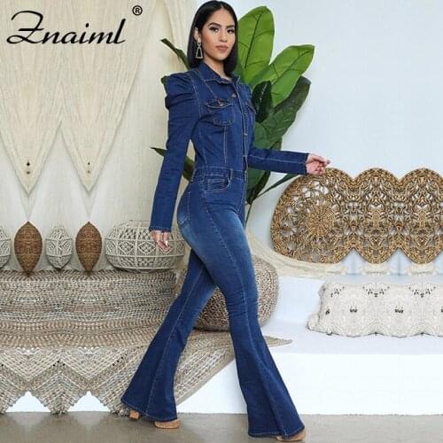Znaiml Elegant Rompers Women Denim Jumpsuits Pockets Flare Pants Long Sleeve Casual Femme Sexy Jeans Overalls Plus Size S-5XL