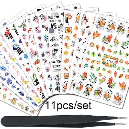11pcs/set Gold Fall Nail Art Decals Tweezer Set Autumn Maple Leaf Black Line Flower Design Nails Stickers Manicuring Decoration