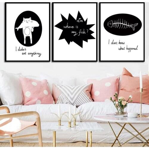 Abstract Black and White Picture Catfish Letter Cute Cartoon Canvas Painting Wall Art Posters and Prints for Living Room Decor