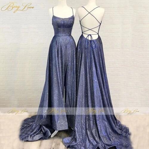 Glitter Prom Dresses 2020 Charming Sparkly Formal Dress Spaghetti Strap Lace Up Back A-line Long Evening Gown Vestido De Festa