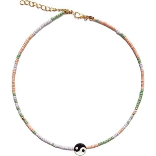 Bohemian Purple Green Pink Rice Beads Mix And Match Short Necklace Unique Charm Shell Tai Chi Gossip Bead Pendant Jewelry Gifts