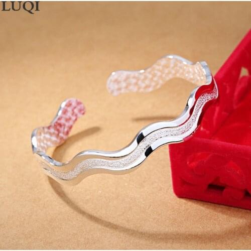 Fashion Womens S925 Silver Plated Platinum Personalized Smooth Frosted Layered Open Bracelets 168