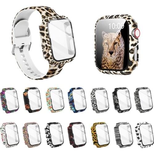 Case+Glass for Apple Watch 44mm 40mm 38mm 42mm,Hard PC Bumper Fashion Leopard Protective Cover for iWatch SE 6 5 4 3 2 1