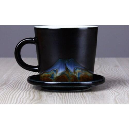 Fujiyama Natural Pattern Handmade Black Ceramic Coffee Cup With Tray Porcelain Tea Cup Milk Mug Kitchen Accessories 2021