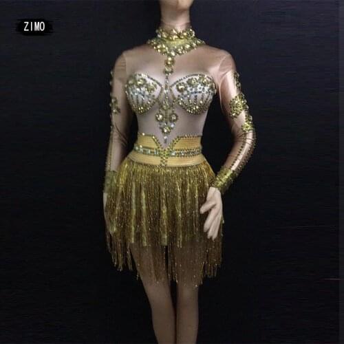 Womens DJ Singer Dance Long Sleeves Gogo Latin Dance Costumes Sexy Stage fringe Sparkly Gold Rhinestones Tassel Dress Costume