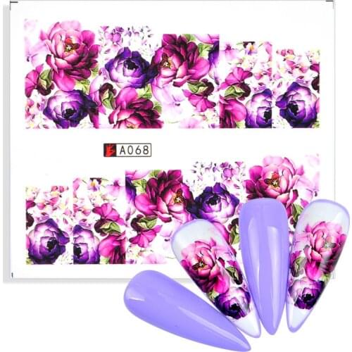Purple Flower Nail Water Decals Floral Green Leaf Image Transfer Water Slider Colorful Nail Art Stickers Decorations Tip