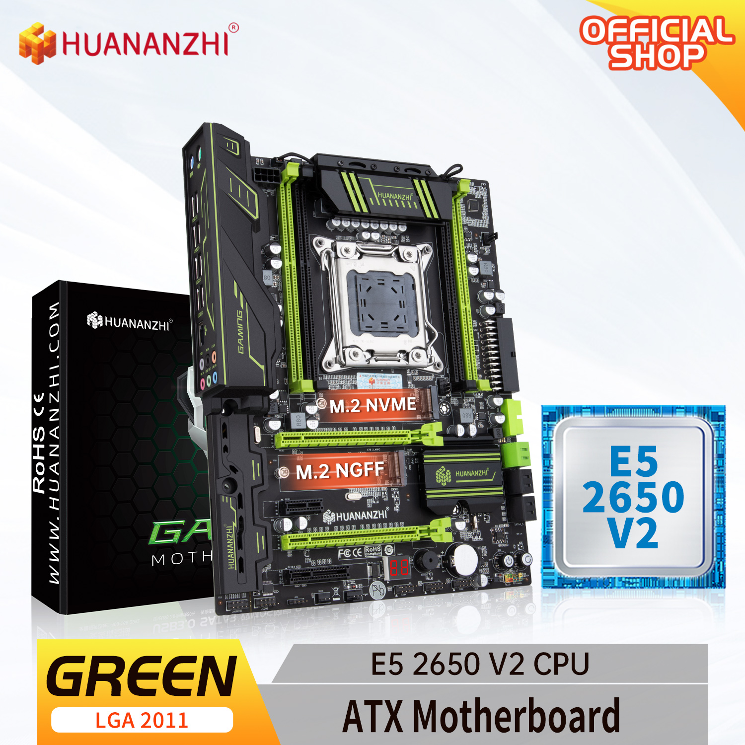 HUANANZHI X79 GREEN 2.49V3.1 X79 motherboard with Intel XEON E5 2650V2 RECC memory combo kit set use RECC memory NVME USB 3.0