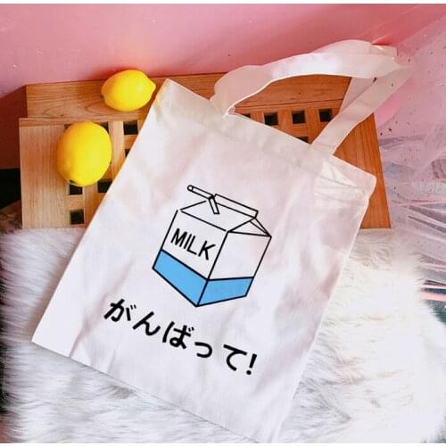 Kawaii Ulzzang Harajuku Aesthetic Canvas Shoulder Tote Bag Milk Cartoon Print Korean Fashion Shopping Bag Women Handbags