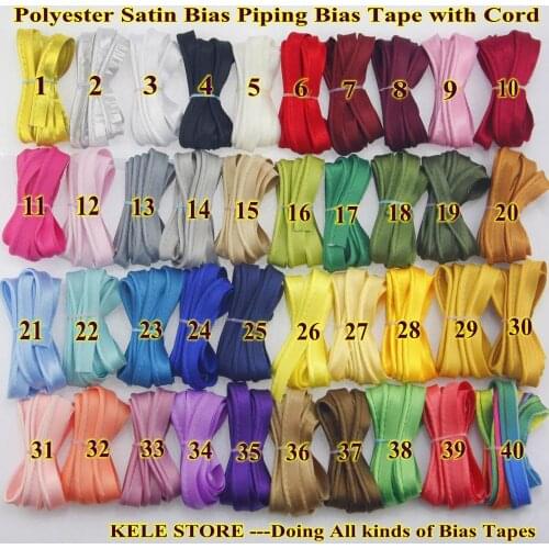 Free Shipping - Polyestersatin Bias cord tape, Piping tape, size:12mm,1/2" 20yds,Metallic Golden/Silver Black white red ivory