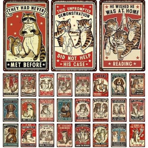 Vintage Cute Animal Metal Poster Cat Dog Retro Poster Plaque Plate Tin Signs Bar Club Pet Shop Dog Shabby Painting Home Decor