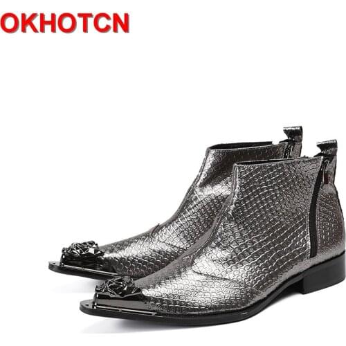 Fashion Silver Plus Size 47 Men Boots Genuine Leather Metal Pointed Toe Men Shoes New Spring Autumn Geomeric Botas Hombre Zipper