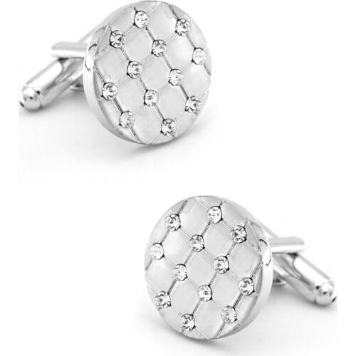 Mens Crystal Cufflinks Quality Brass Material Silver Color Round Check Design Cuff Links Wholesale & Retail