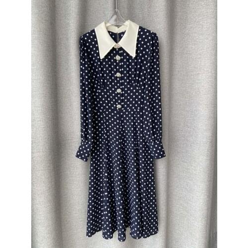 New women fashion 2021 long-sleeved lapel rhinestone buckle polka-dot silk dress 0401