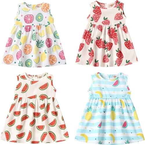 New Girl’s Summer Sleeveless Dress Sweet Fruit Printing Back Buttons A-line Princess Dress