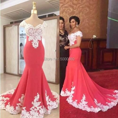 2019 Latest Arrival Long Mermaid Red Evening Dresses Satin Lace Applique Sexy Cap Sleeves Court Train Party Gowns Long