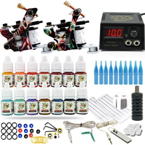 Complete Tattoo Kit 2 Tattoo Machines Gun 20colors Ink Set Power Supply Grips Body Art Tools Tattoo Permanent Makeup kits