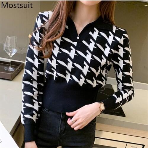 Houndstooth Knitted Crop Tops Sweaters Women Full Sleeve V-neck Short Jumpers Vintage Fashion Ladies Pullover Femme 2021