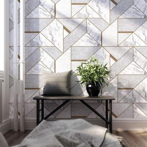 Nordic Style Grey Geometric Lattice Imitation Marble Wallpaper Roll Home Decor Living Room Bedroom Wall Covering PVC Wall Paper