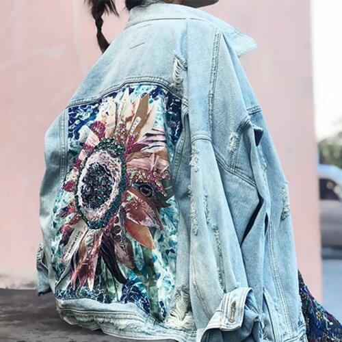 Women Denim Jacket feminine Spring Autumn Boho Sequin Floral Appliques Embroidery Coat Long Sleeve Outerwear Female Veste femme